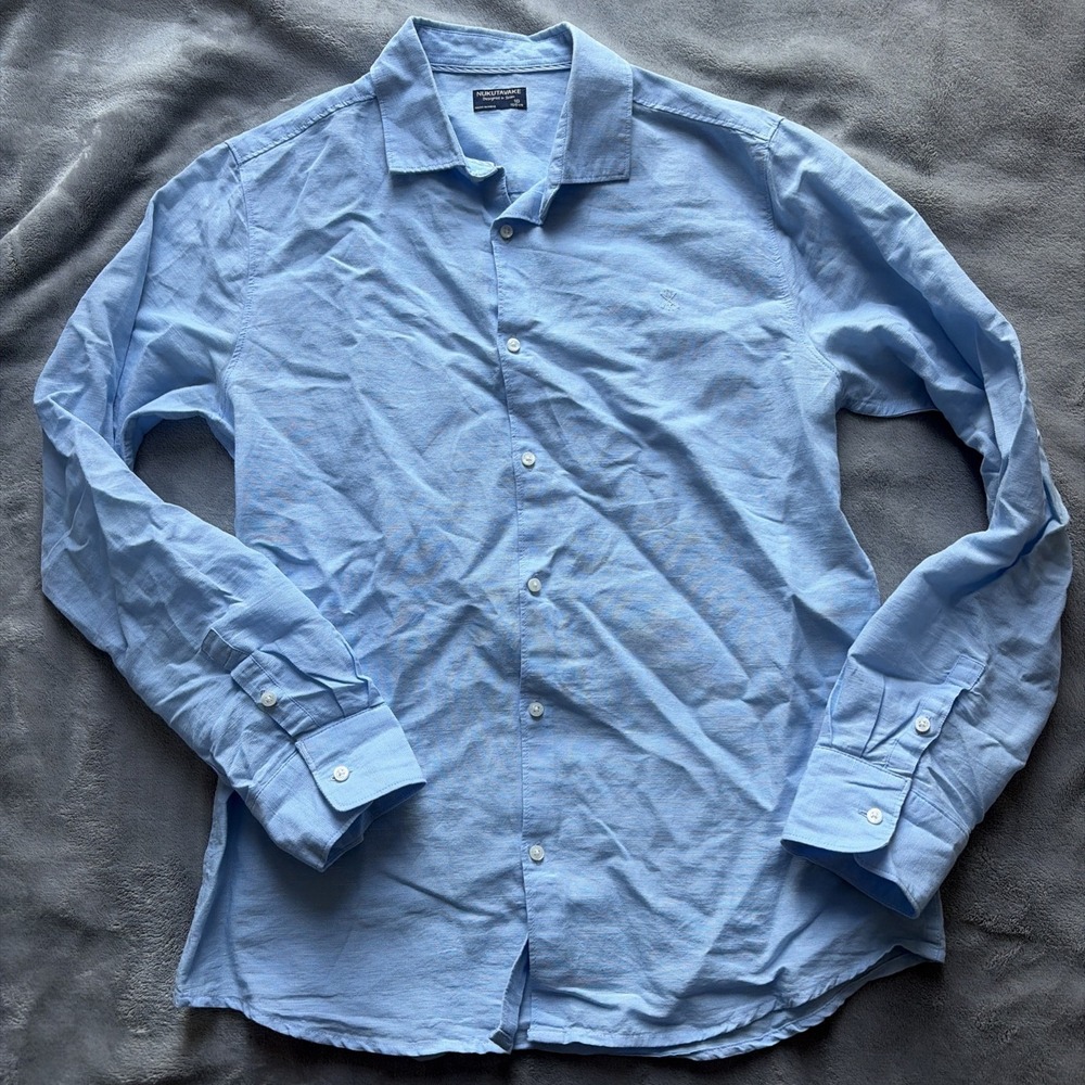 Nukutavake Boys Blue Linen Blend Button Down Shirt Sz 16 Preppy Nautical
